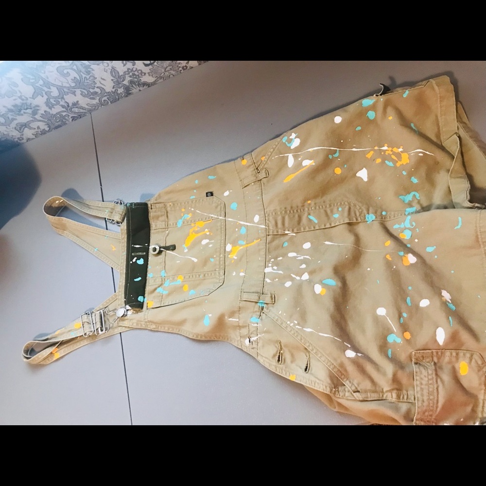 Juniors large paint designed khaki overall shorts